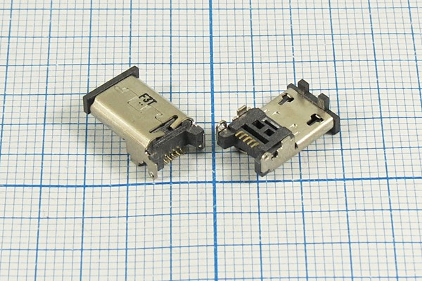 Гнездо micro USB, Тип B, угловое, 5 контактов, SMD на плату, с заглушкой; №12641 гн microUSB \B\5C4HP\плат\угл\ SMD\microUSBB5L2