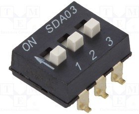 SDA03H1SBD, Переключатель: DIP-SWITCH, Кол-во секций: 3, ON-OFF, 0,025A/24ВDC