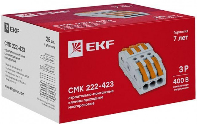 Клемма строительно-монтажная СМК проходная 222-423 3п 0.08-4кв.мм (уп.25шт) PROxima EKF plc-smk-423