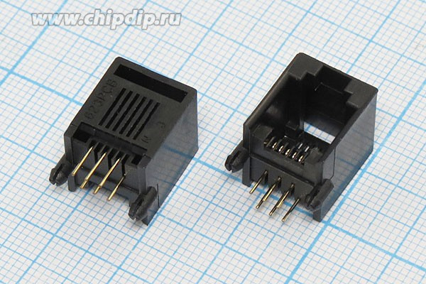 Разъем телефонный 6P6C розетка, контакты 6P, на плату, угловой, T7-6P6C[RJ-12]