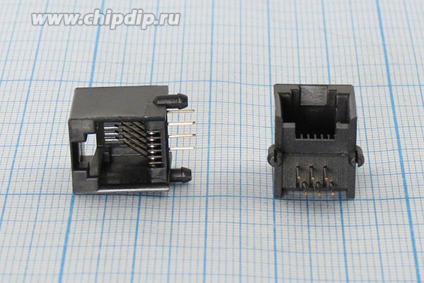 Разъем телефонный 6P6C розетка, контакты 6P, на плату, угловой, T7-6P6C[RJ-12]