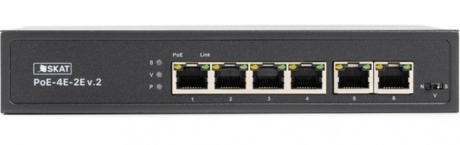 SKAT PoE-4E-2E v.2 коммутатор PoE Plus, мощность 65Вт, порты: 4-Ethernet, 2-Uplink SKAT PoE-4E-2E v.2 коммутатор PoE Plus, мощность 65Вт, порты: 4-Ethernet, 2-Uplink