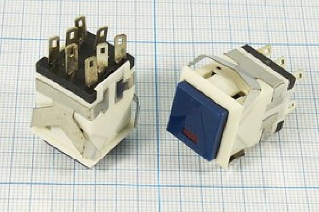 Двухполюсная кнопка с фиксацией и подсветкой синяя, 220В/3А,ON-ON; №1155WB ПКн\250\ 3\DPDT\17x17\бел\син&amp; ILкрСд\\8C\KD2-213\