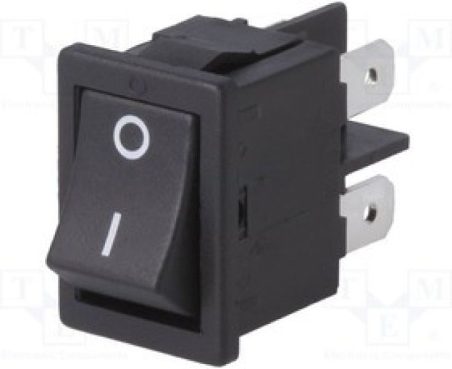 1858.1103, Switch Rocker ON OFF DPST Quick Connect Curved Rocker 16A 250VAC 372.85VA Box