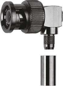 J01002A1356, Plug Cable Mount BNC Connector, 75, Crimp Termination, Right Angle Body