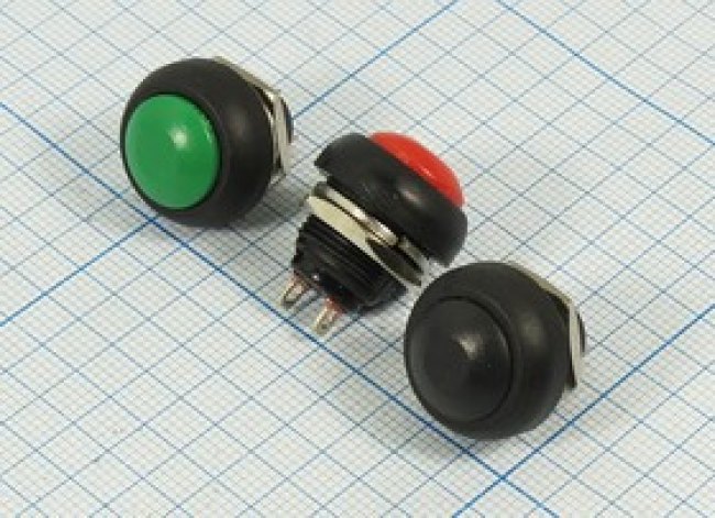 Переключатель кнопочный, d12, 220В, 1.0А, OFF-(ON), зеленый, контакты 2C, PBS-33B