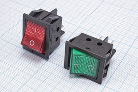 Переключатель клавишный, рабочий ток 15А, ON-OFF, размер 21x25мм, подсветка неоновая зеленая; Q-15330G Пкл\\15\ON-OFF\\чер\ ILзел\\4T\KCD4-2
