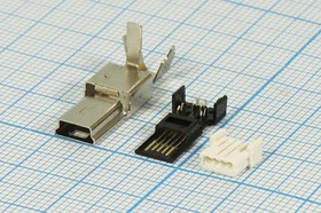 Разъем mini USB5D вилка, тип B, контакты 4C, монтаж на кабель, обжимной, miniUSB5D Разъем mini USB5D вилка, тип B, контакты 4C, монтаж на кабель, обжимной, miniUSB5D