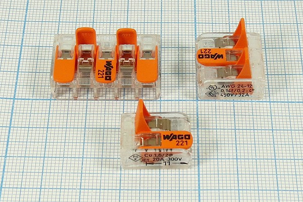 Клемма соединительная кабельная, 3C, 2-0,14x4мм2, 32А 450В, медь, WAGO
