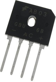 GBU6B, Мостовой выпрямитель, 1 Фаза, 100 В, 6 А, SIP, 1 В, 4 вывод(-ов)