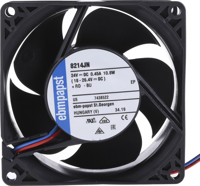 8214JN, 8200 J Series Axial Fan, 24 V dc, DC Operation, 132.6m³/h, 10.8W, 417mA Max, IP20, 80 x 80 x 38mm 8214JN, 8200 J Series Axial Fan, 24 V dc, DC Operation, 132.6m³/h, 10.8W, 417mA Max, IP20, 80 x 80 x 38mm