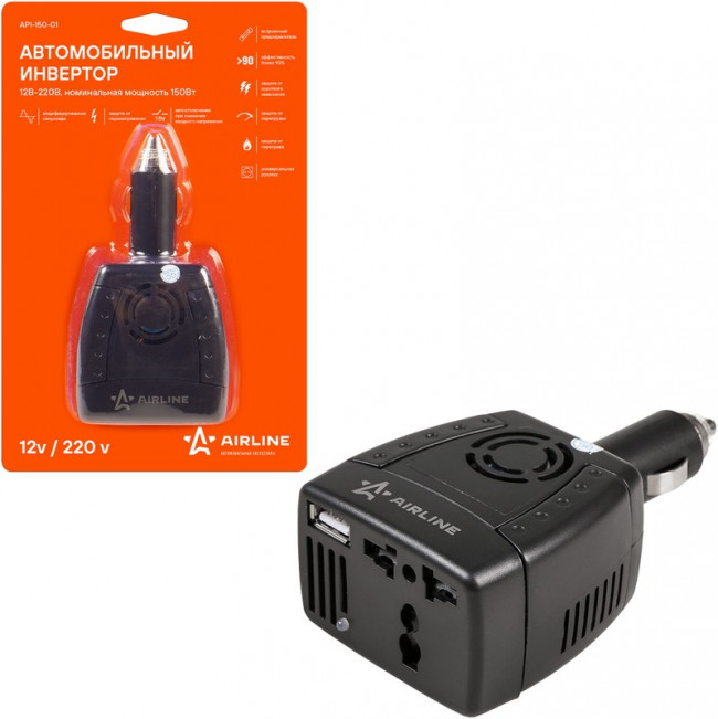 API-150-01, Преобразователь напряжения (инвертор) 12-220V 150Вт AIRLINE API-150-01, Преобразователь напряжения (инвертор) 12-220V 150Вт AIRLINE