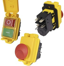 AELA-22-R, Кнопочный переключатель , 57х53х32 мм, 5 контактов под ножевую клемму, 15 А, IP55, 250 В, корпус пластиковый, корпус черный/желт