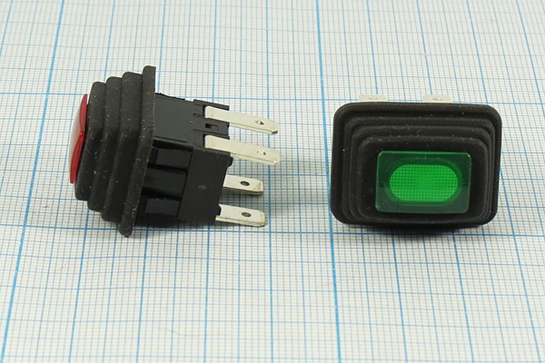 Выключатель кнопочный с фиксацией SPST, OFF-ON, зеленый с подсветкой, 220В/10А, 19x13мм; №12681G ПКн\250\10\SPST\19x13\ чер\ILзел\IP54\4T\SC
