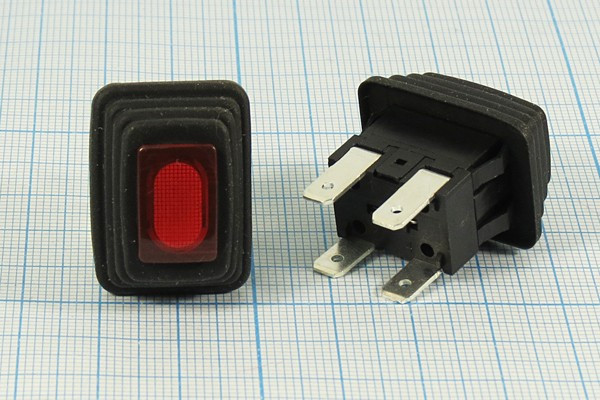 Выключатель кнопочный с фиксацией SPST, OFF-ON, зеленый с подсветкой, 220В/10А, 19x13мм; №12681G ПКн\250\10\SPST\19x13\ чер\ILзел\IP54\4T\SC