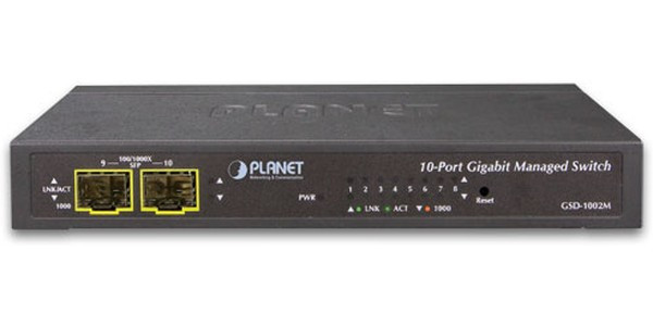 GSD-1002M, Управляемый L2 коммутатор Planet 8 портов 10/100/1000Мб/с, 2 слота SFP 100/1000Мб/с SFP, POE или 12в DC питание