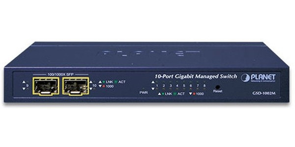 GSD-1002M, Управляемый L2 коммутатор Planet 8 портов 10/100/1000Мб/с, 2 слота SFP 100/1000Мб/с SFP, POE или 12в DC питание