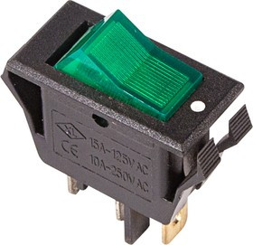 36-2226, Выключатель клавишный 250V 15А (3с) ON-OFF зеленый с подсветкой (RWB-413, SC-788)