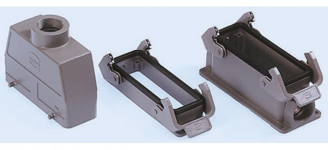 19300240529, Разъем для тяжелых условий, M50, Hood, Side Entry, Корпус из Алюминия, 2 Рычага, 24B