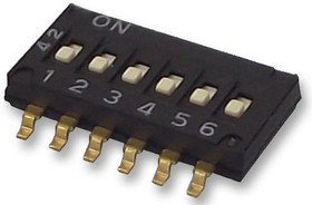 A6H-6101, DIP / SIP переключатель, 6 схем(-а), Ползунок, SMD (Поверхностный Монтаж), SPST, 24 В DC, 25 мА