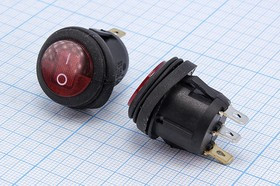 Переключатель клавишный, 3T, 6А, ON-OFF, d20,0, красная, черный корпус, герметичный IP65, SB040; №15311R ПКл\\ 6\ON-OFF\d20,0\ чер\кр\IP65\3