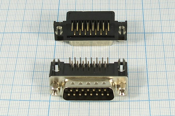 Вилка D-SUB на 15-ть контактов угловая, пайка на плату с крепёжными винтами; №985 штек D-SUB\15P\\плат\угл 7,2мм\DRB-15MA