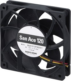 9GA1212P4G001, DC Fans Axial Fan, 120x120x25mm, 12VDC, 134CFM, 11.16W, 57dBA, Low Power, Rib, Tach/PWM