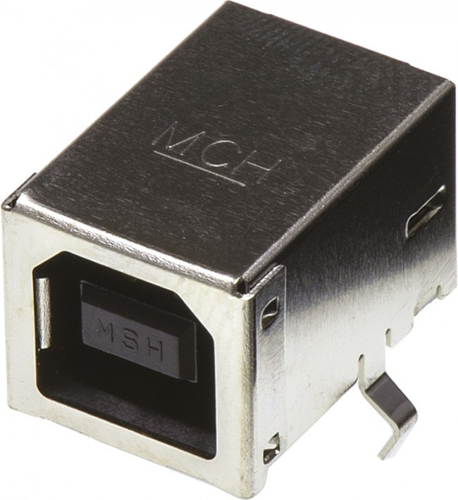 670687041, Разъем USB 2.0 Type B 4 контакта шаг 2.5мм угловой монтаж в отверстие 4 терминала 1порт USB лоток