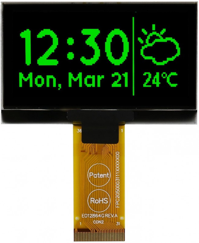 MCOT128064H1V-GM, Графический OLED дисплей, 128 x 64 пикселей, Зеленый на Черном, 3В, I2C, Параллельный, SPI MCOT128064H1V-GM, Графический OLED дисплей, 128 x 64 пикселей, Зеленый на Черном, 3В, I2C, Параллельный, SPI