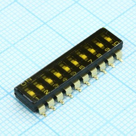 A6S0102H, Переключатель DIP 10 групп 0.025А 24В для поверхностного монтажа 1000 циклов шаг 2.54мм