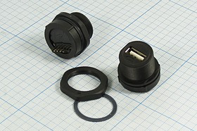 Разъем USB розетка, тип A, контакты на блок/герметичный, d20.5, USB A-FS GERM