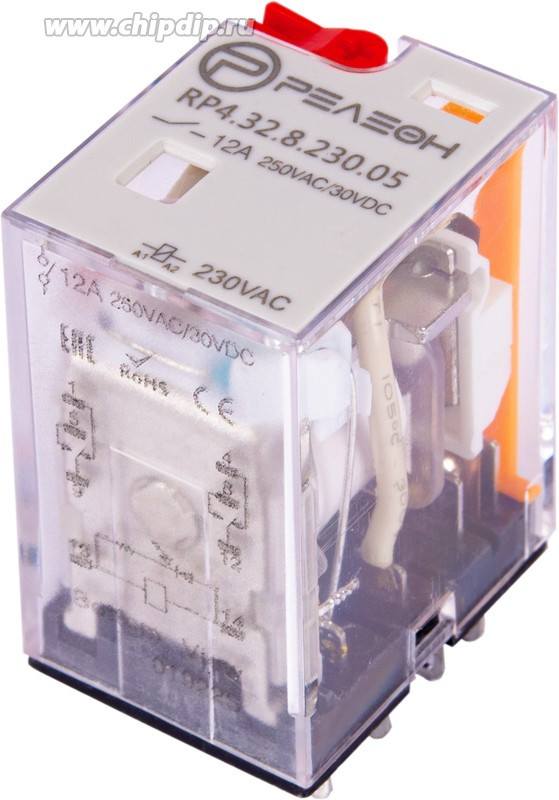 Releon Промежуточное реле; 2 перекидных контакта 12А (~ 230В AC) блокируемая кнопка проверки + светодиод RP432823005