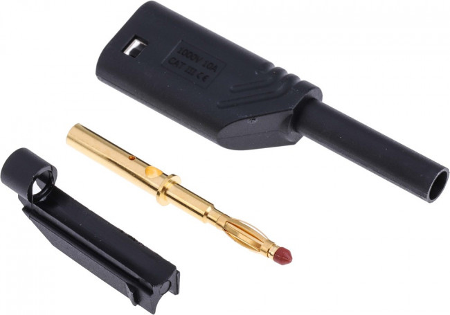 975090700, Black Male Banana Plug, 2mm Connector, Solder Termination, 10A, 1000V ac/dc, Gold Plating