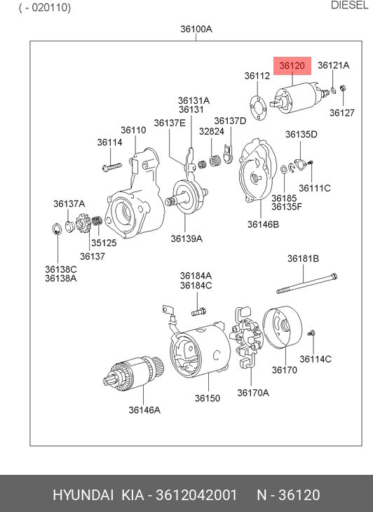36120-42001, Реле втягивающее HYUNDAI Porter дв.D4BF (с якорем) OE