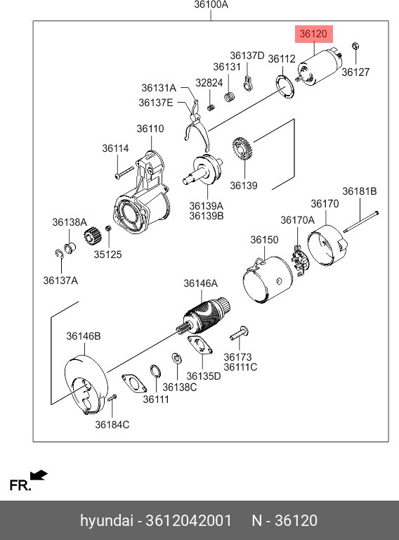 36120-42001, Реле втягивающее HYUNDAI Porter дв.D4BF (с якорем) OE