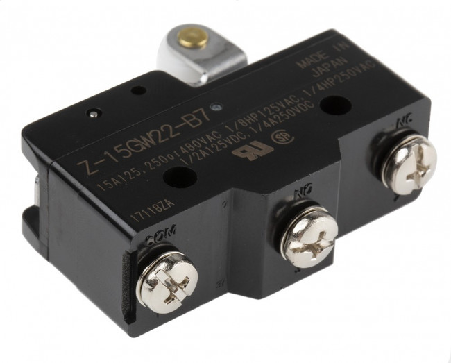 Z-15GW22-B7-K, Switch Snap Action N.O./N.C. SPDT Short Hinge Roller Lever 15A 250VAC 250VDC 186.42VA 1.57N Screw Mount Screw Z-15GW22-B7-K, Switch Snap Action N.O./N.C. SPDT Short Hinge Roller Lever 15A 250VAC 250VDC 186.42VA 1.57N Screw Mount Screw
