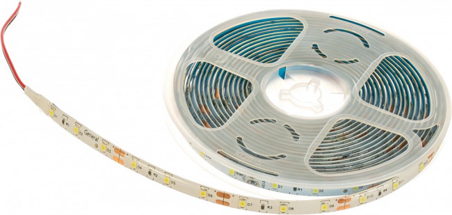 General Лента Светодиодная 5 метров 4,8Вт 12В SMD2835 8мм 300 диодов 7 Лм/чип IP65 6500К Холодный белый свет 500510 GLS-2835-60-4.8-12-IP65-