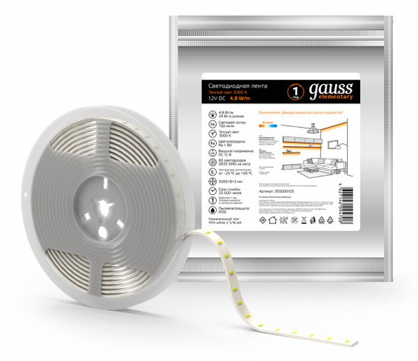 Лента LED Elementary 2835 60-SMD 4.8W 12V 5м DC SQ355000105