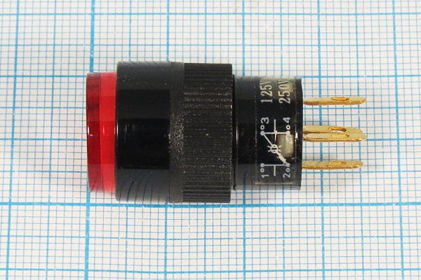 Выключатель кнопочный с фиксацией SPST, OFF-ON синий с подсветкой, 220В/3А, d15мм; №10172B ПКн\250\ 3\SPST\d15\чер\ ILсин\\4C\B1856B\