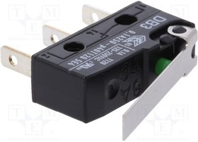 DB3C-B1LC, Switch Snap Action N.O./N.C. SPDT Straight Lever Quick Connect 0.1A 250VAC 80VDC 0.49N Screw Mount